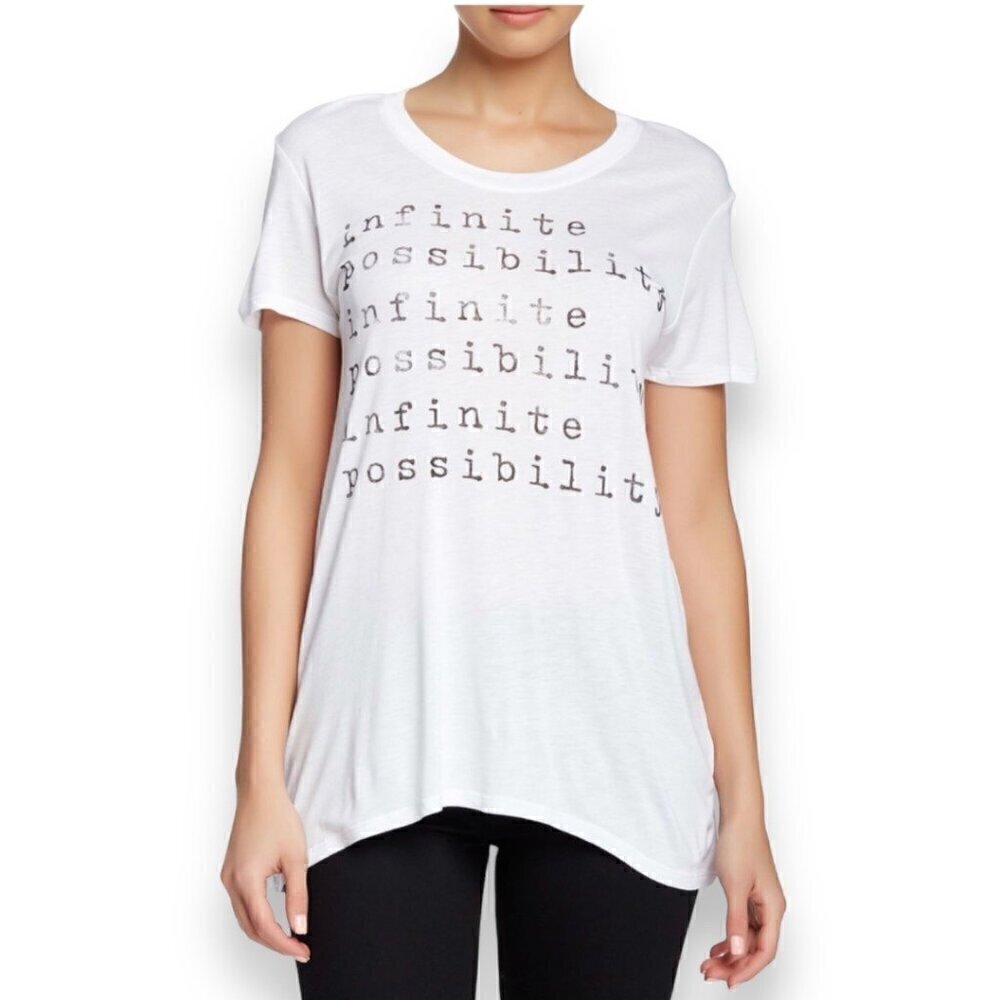 NWT Signorelli Graphic T-Shirt Tee White Rayon Short Sleeve High Low Hem Sz. M